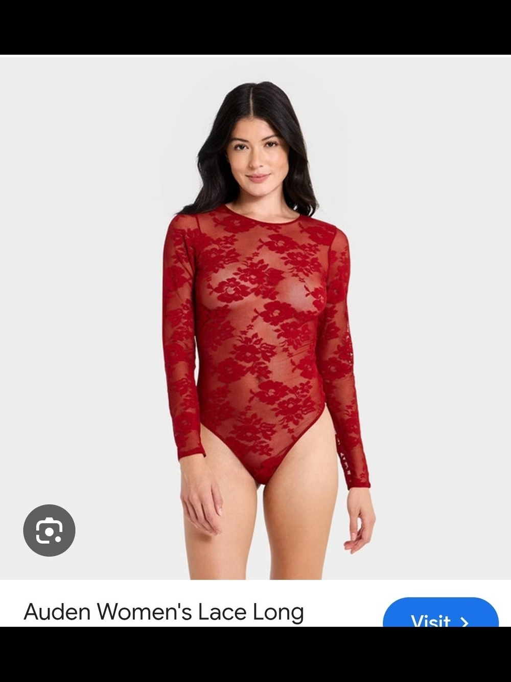 Auden Sheer Lace Long-Sleeve Bodysuit in Red